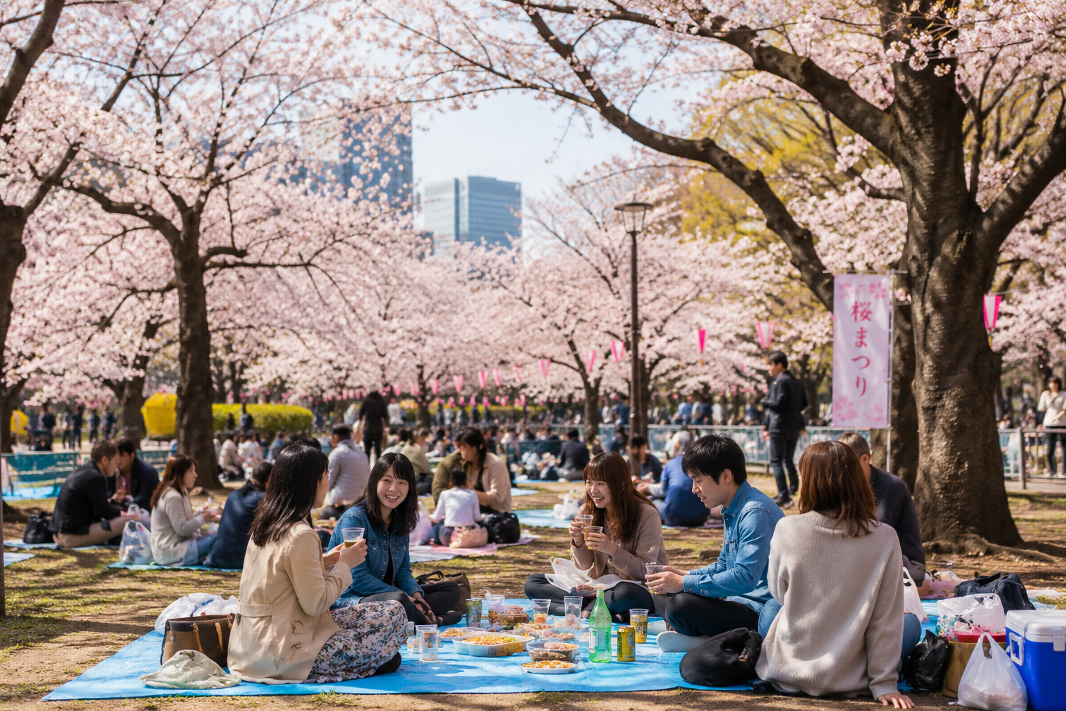 People having a hanami picnic under cherry blossom trees in a Japanese park
